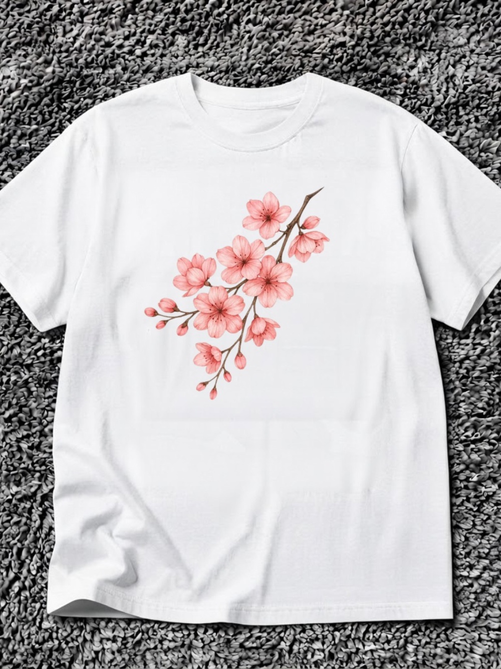Gildan White Short Sleeve Tee with Pink Cherry Blossom Graphic
